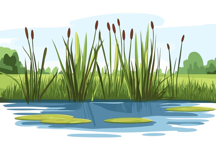 Vektor swamp pond landscape with reed and cattail overgrown pond shore vector