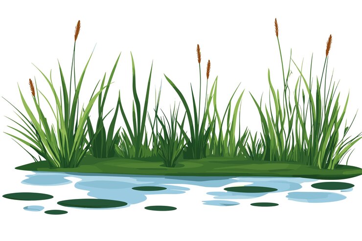 Vektor swamp pond landscape with reed and cattail overgrown pond shore vector