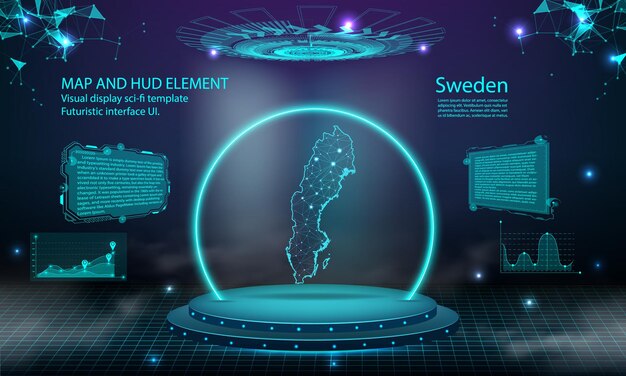 Sweden map light connecting effect background abstract digital technology UI GUI futuristic HUD Virtual Interface with sweden map Stage futuristic podium in fog