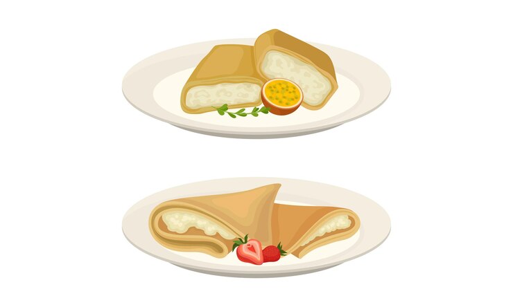Vektör sweet crepe or pancake served on plate with quark filling vector set
