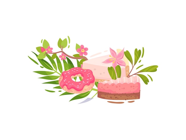 Sweet donut set with pink icing and two pieces of cake vector illustration on white background