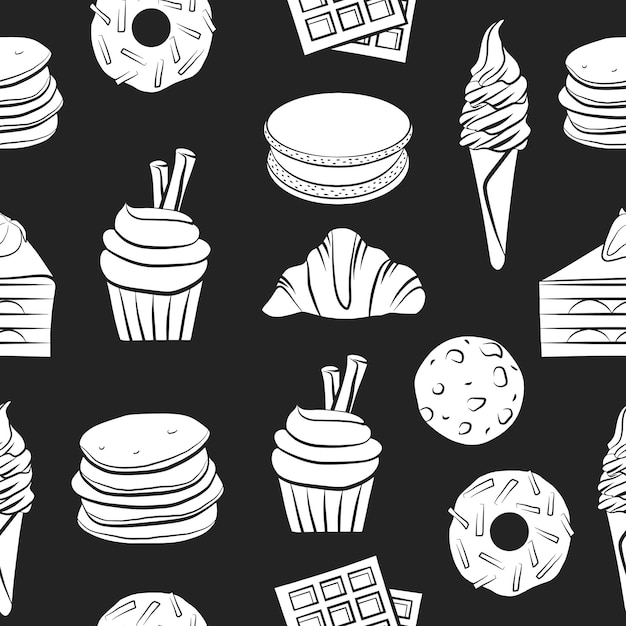 Sweet food outline sketch drawing seamless pattern template isolated vector tasty kitchen background simple doodle black chalkboard Cookies donut cake pancakes croissant ice cream muffin