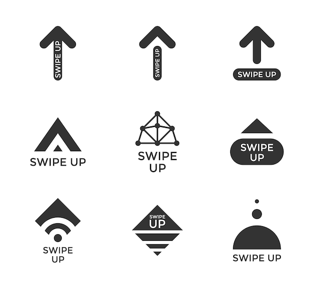 Swipe up story button icon set application and social network scroll arrow pictogram for fashion