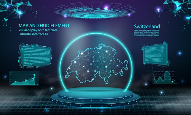 Switzerland map light connecting effect background abstract digital technology UI GUI futuristic HUD Virtual Interface with switzerland map Stage futuristic podium in fog