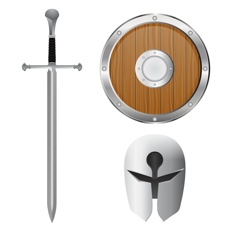 Vektör sword, helmet and shield set. illustration isolated on white