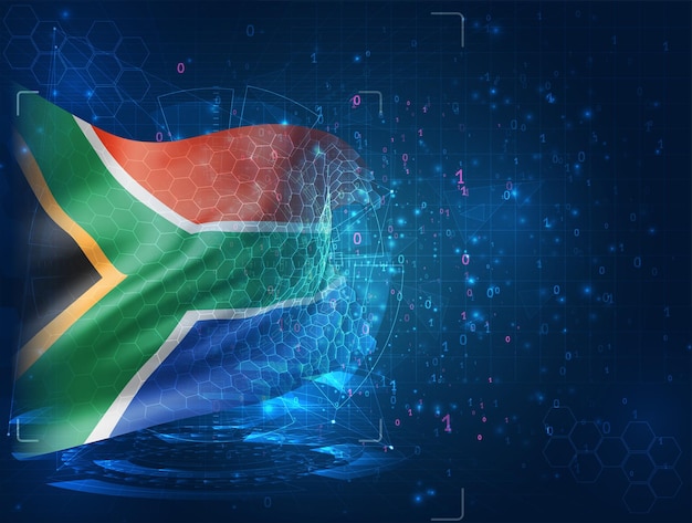 Sydafrika, vektor 3d flag på blå baggrund med hud-interfaces