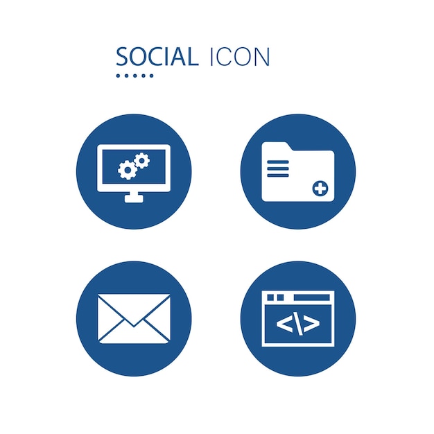 Symbol of Computer Setting Add folder Envelope and Programming icons on blue circle shape