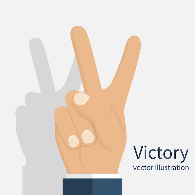 Symbol victory. Peace sign. Two finger gesture hand. Show two fingers. Vector illustration flat design. Isolated man's hand on white background.