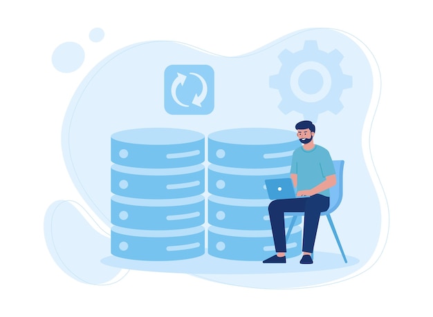 synchronize and backup big data on laptop concept flat illustration