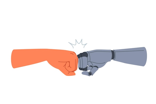 synergy of robot and human joining fists as sign of solidarity and willingness to cooperate