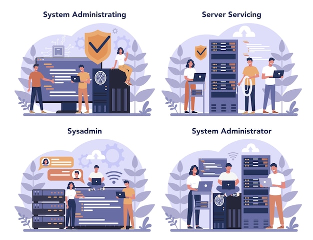 System administrator set. People working on computer and doing technical work with server. Configuration of computer systems and networks. Isolated flat vector illustration