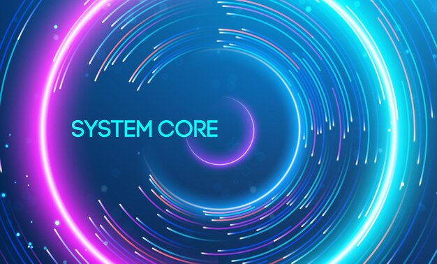 System core depicted with a glowing circular center surrounded by vibrant light streaks big data and
