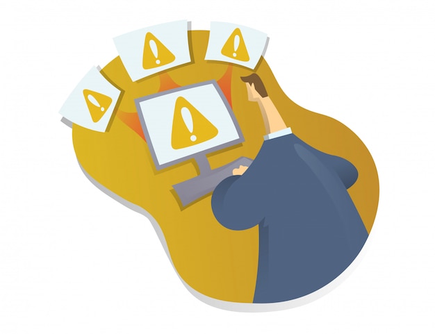 System errors in network, computer viruses concept. Man sitting and working on the computer. Abstract  illustration  on white background.