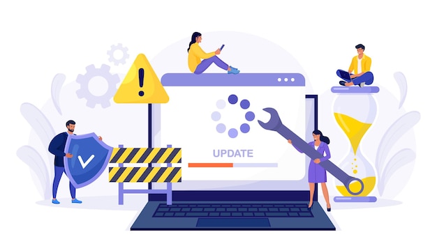 System Update. Tiny programmers upgrading operating system. IT specialists updating software, programs and applications. Technical error and service. Computer laptop screen with updating progress bar.
