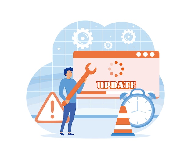 System Update Tiny programmers upgrading operating system IT specialists updating software programs service Web page with updating progress bar and alarm clock flat vector modern illustration