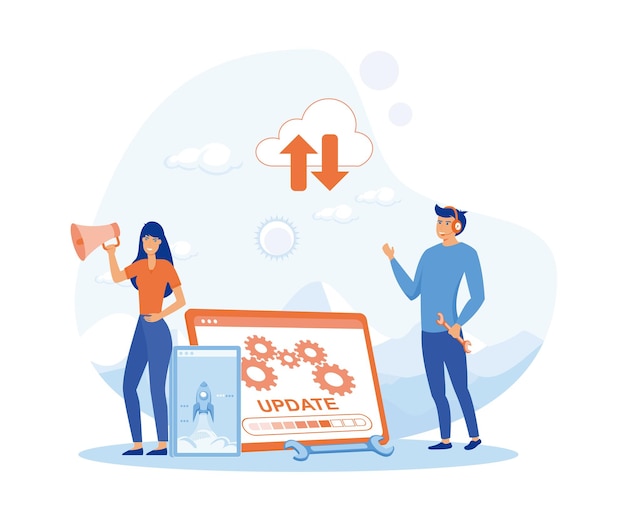 System updates with people updating operation in computing and installation programs flat vector modern illustration