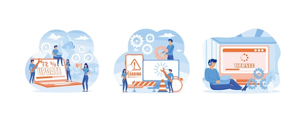 System updates with people updating operation in computing and installation programs Technical error and service System update concept Set flat vector modern illustration
