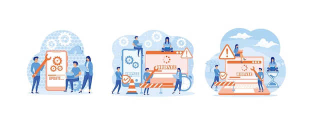 System updates with people updating operation in computing and installation programs Tiny programmers upgrading operating system Technical error and service Set flat vector modern illustration