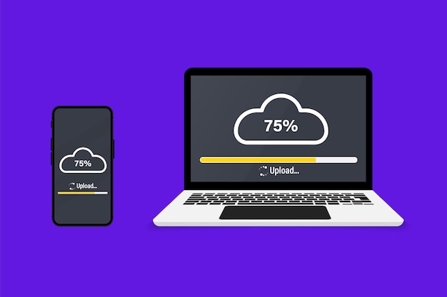 System upgrade. Installing update progress and loading bar on computer and phone. Update or Loading process. Install new software, operating system. Doing cloud uploading