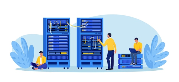 Systemadministratör underhåller server, justerar nätverk, PC-hårdvara. Systemadministratör reparerar dator. Administration, datacenter, underhållsservice. Reparationsman utför tekniskt arbete med serverrack