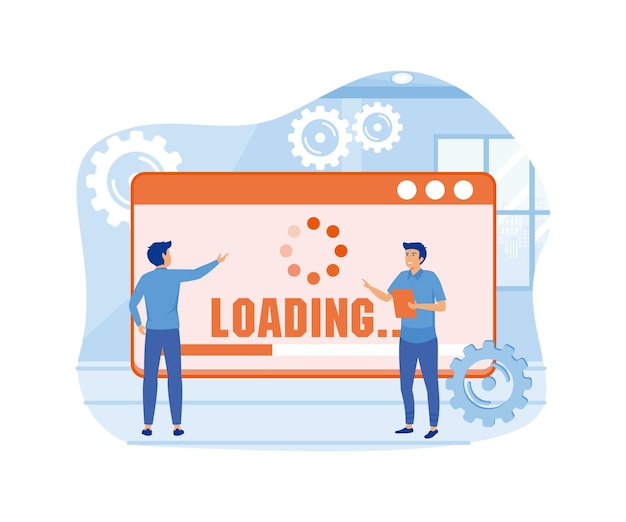 Systemopdateringskoncept, der viser personer, der opdaterer operativsystemet. Velegnet til landingsside, flad vektor moderne illustration