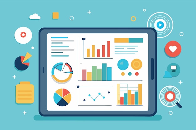 Tablet Displaying Business Analysis Graphs and Pies Showing business analysis on tablet screen infographic statistics Simple and minimalist flat Vector Illustration