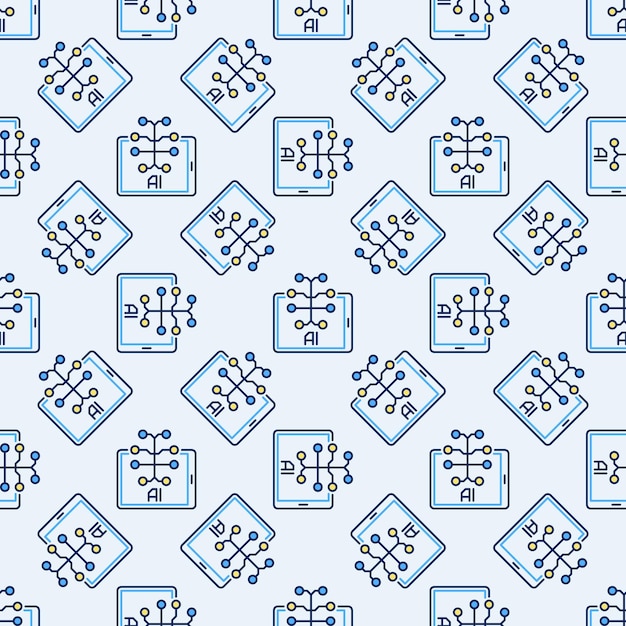Tablet Screen with AI Brain vector Artificial Intelligence colored Seamless Pattern