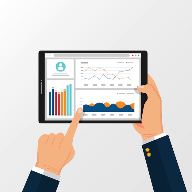 Tablet with statistic charts for planning and accounting on hands illustration.