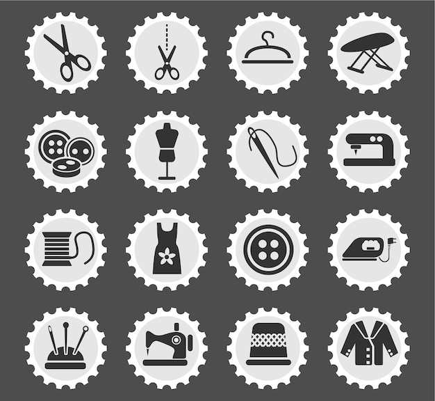 tailoring icons on stylized round postage stamps