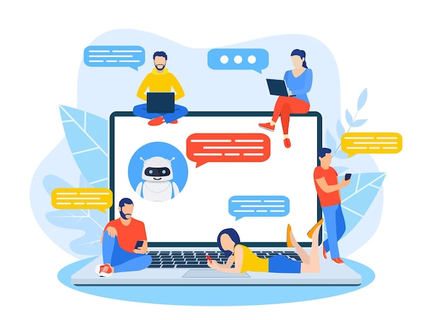 Talking to a chatbot online on laptop computer.