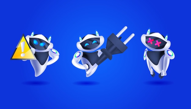 Tam boy şarj olan modern robotlar yapay zeka teknolojisi konsepti seti
