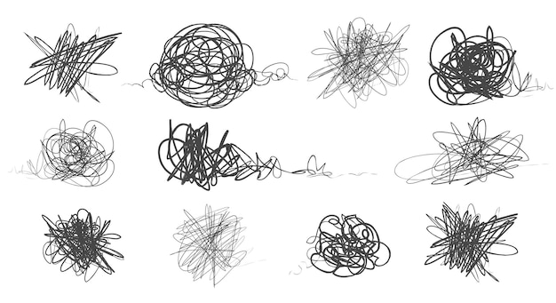 Tangled abstract scribble with hand drawn line set Doodle elements vector drawn tangles lines circles Black line abstract scribble shape tangled chaotic scribble drawing