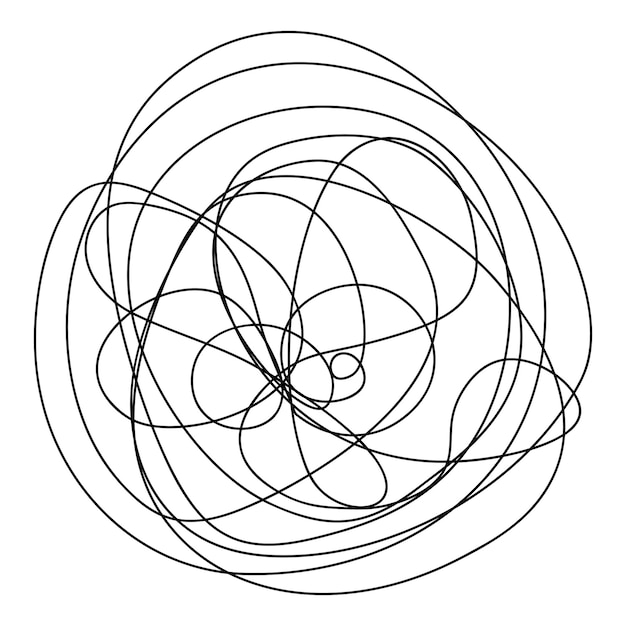 tangled ball of doodles black and white illustration hand hatching and swirls wavy chaotic lines
