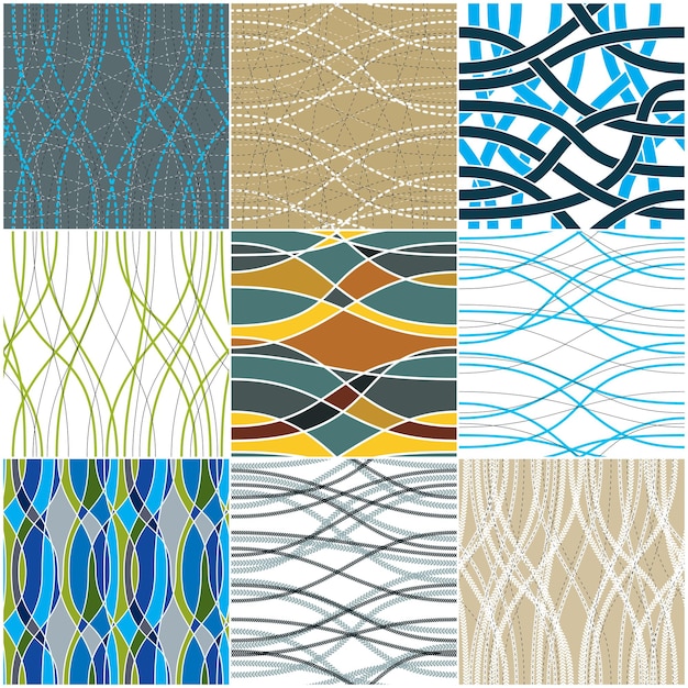 Tangled curvy lines seamless patterns set, vector repeat endless backgrounds collection, artistic stripes trendy tiling wallpaper motifs. Usable for fabric, wallpaper, wrapping, web and print. Colorfu