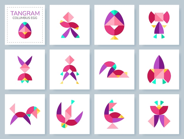 Tangram puzzle game for kids Colorful geometric collection with isolated objects Columbus Egg