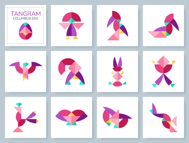 Tangram puzzle game for kids Colorful geometric collection with isolated objects Columbus Egg