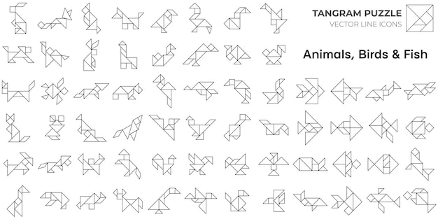 Tangram puzzle game. isolated Tangram line icons with animals, birds and fish. Vector illustration