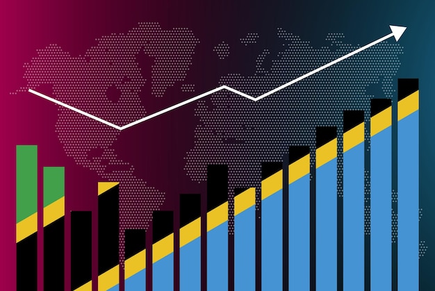 tanzania bar chart graph with ups and downs, increasing values, tanzania country flag on bar graph