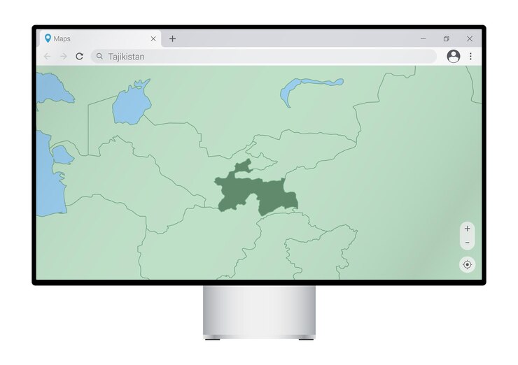 Vektör tarayıcıda tacikistan haritası olan bilgisayar monitörü, web haritalama programında tacikistan ülkesini arayın.