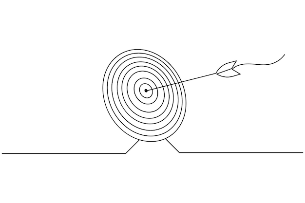 Target with arrow continuous one line drawing and business icon isolated outline flat illustration