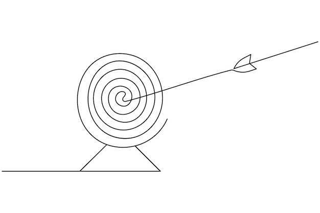 Target with arrow continuous one line drawing and business icon isolated outline flat illustration