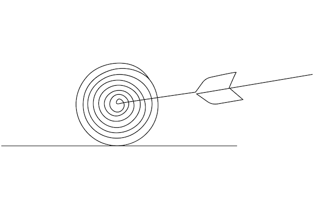 Target with arrow continuous one line drawing and business icon isolated outline flat illustration