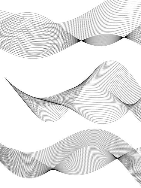 Tasarım ögeleri. Birçok gri çizgiden oluşan dalga. Soyut dalgalı şeritler, beyaz arka plan üzerinde izole edilmiş. Yaratıcı çizgi sanatı. Vektör illüstrasyon EPS 10. Blend Tool kullanılarak oluşturulmuş, çizgili renkli parlak dalgalar