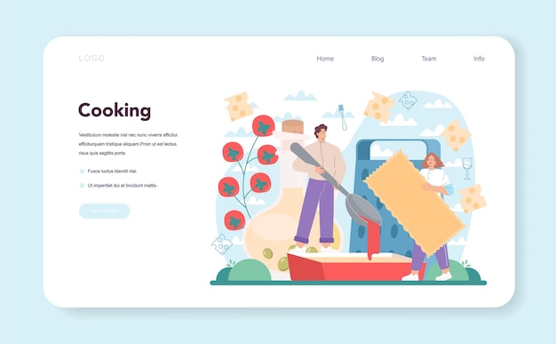 Tasty lasagna web banner or landing page. Italian delicious cuisine on the plate. People cooking cheese and meat meal for dinner or lunch. Isolated flat vector illustration