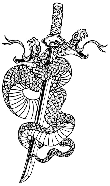 Tattoo art snak and japanese sword drawing and sketch black and white