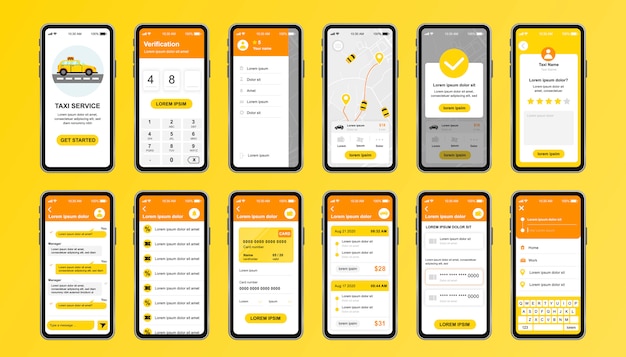 Taxi service unique design kit for mobile app. Online taxi booking screens with route, chat, rating and taxi fare. Transportation service UI, UX template set. GUI for responsive mobile application.