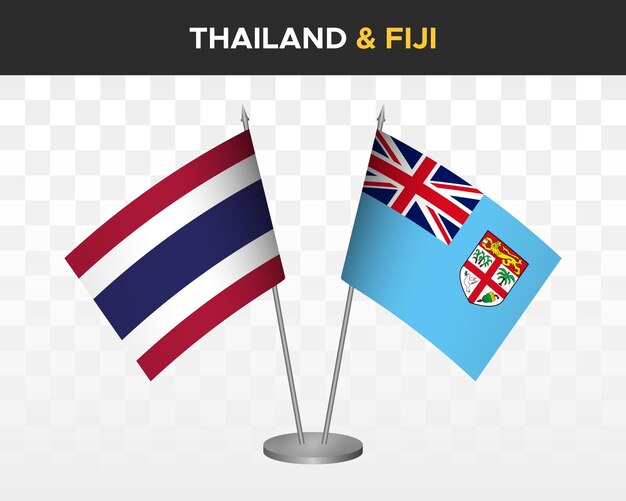 Tayland ve Fiji masa bayrakları mockup izole 3d vektör illüstrasyonu Tayland masa bayrakları