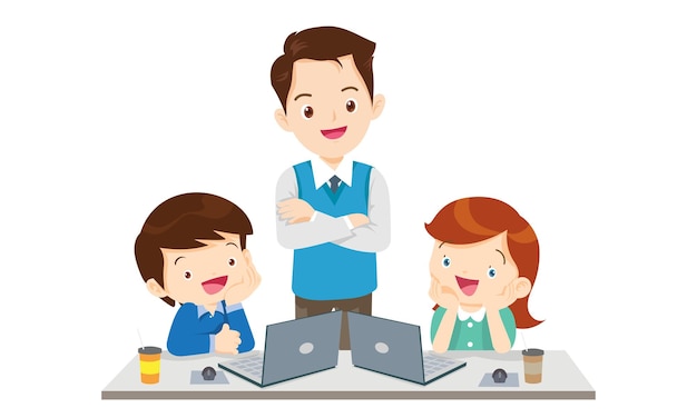 teacher and kids learning computer technology education courses
