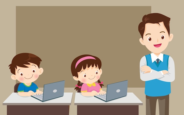 teacher presenting computer learning and students boy girl sitting in class