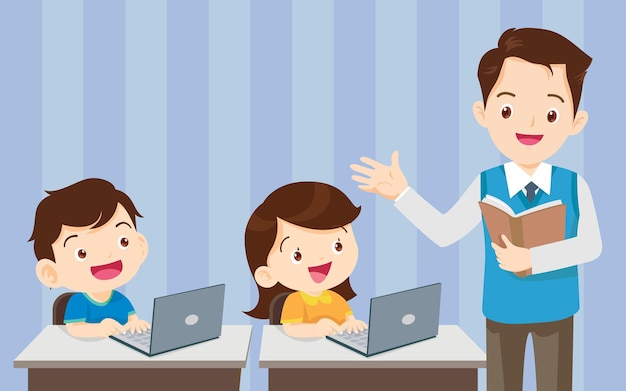 teacher presenting computer learning and students boy girl sitting in class